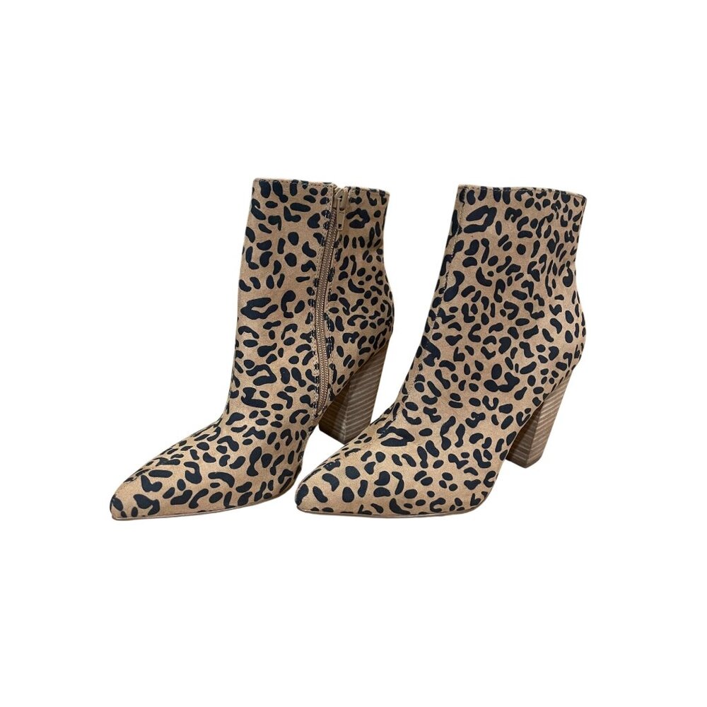 Carlos Santana Leopard Print Suede Ankle Boots Chunky Heel Side Zip Womens